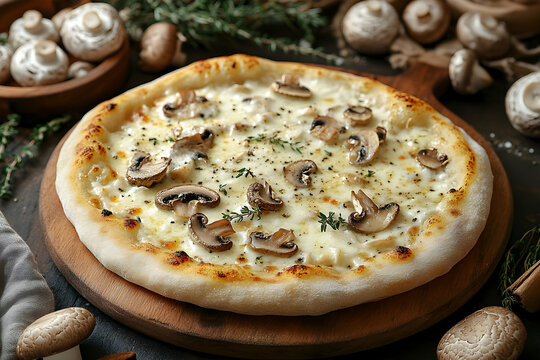 Creamy mushroom pizza overhead view of delicious food