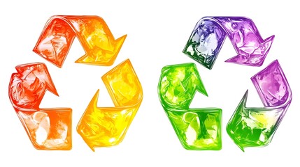 Fototapeta premium Colorful recycling symbols on white background, environmental awareness campaign