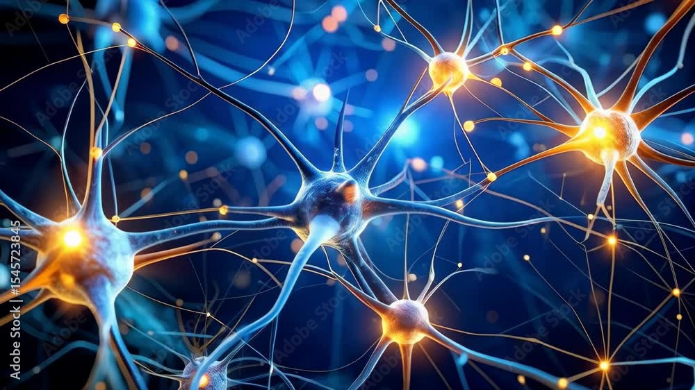 Poster neural network of interconnected neurons with axon and dendrite connections, blue background and glo