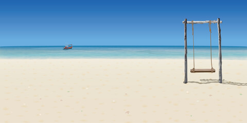 Wooden swing on white sand beach have a fishing boat in tropical blue sea and blue sky background graphic illustration.