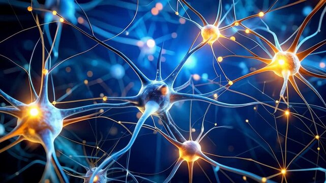 Neural network of interconnected neurons with axon and dendrite connections, blue background and glowing nodes for science and medicine concepts