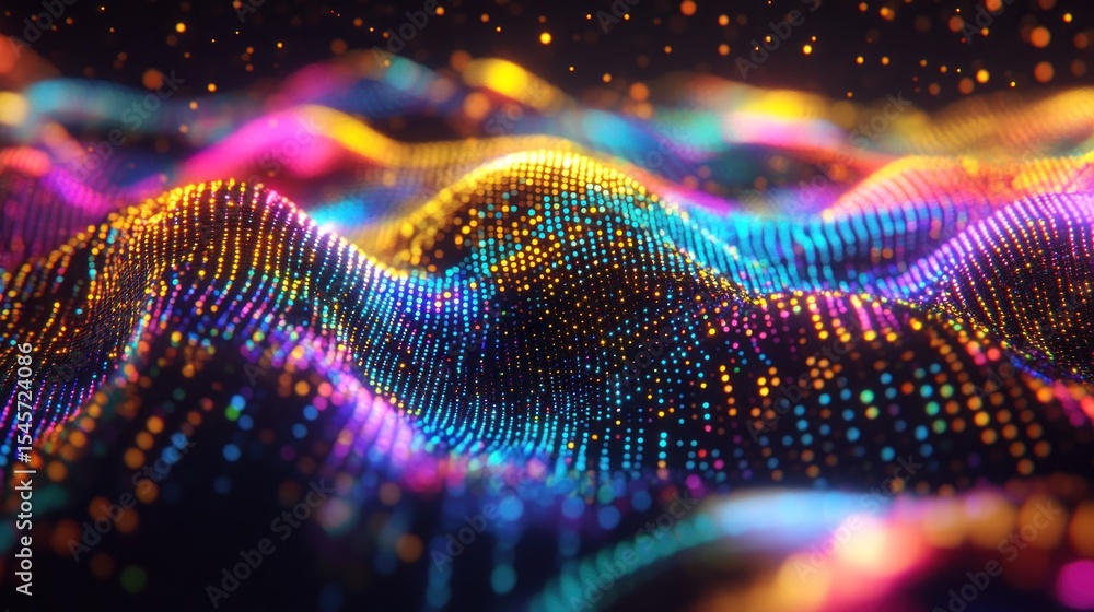 Poster abstract colorful digital wave pattern with particles, glowing bright colors.