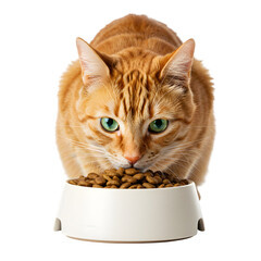Obraz na płótnie Canvas Cat eating pet food from feeding bowl isolated on white or transparent background. PNG