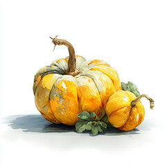 Watercolor illustration of a colorful pumpkin in autumn tones. Harvest-themed image suitable for seasonal decor, food-related design, packaging, cards, and creative digital projects.