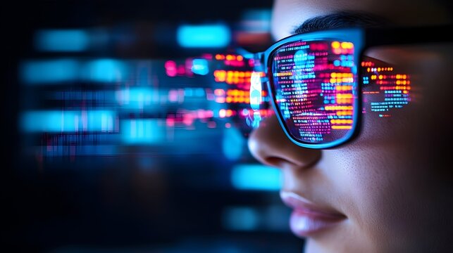Woman coding, glasses reflecting code, dark server room, cybersecurity