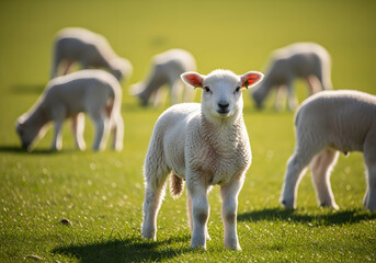 Fototapeta premium Lamb is standing in green grass with other lambs in the background