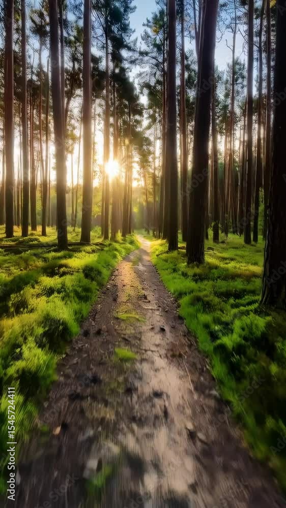 Poster sunlight filters through tall trees onto a path winding through a lush green forest, creating a sere