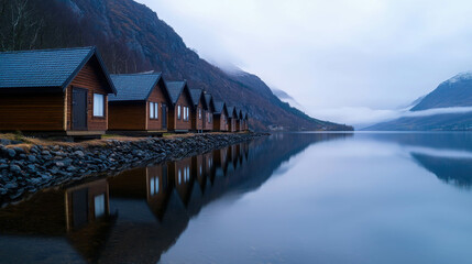Serene lakeside cabins surrounded by misty mountains at dawn, reflecting in calm water, creating a tranquil atmosphere of nature's beauty
