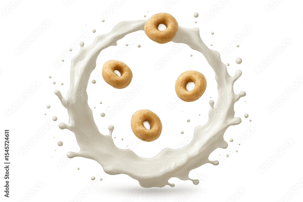 Poster four cereal rings falling into circular milk splash, creating dynamic motion, against a transparent 