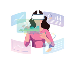 A woman wearing virtual reality headsets, touching and analyzing the graphic chart dashboard interface. Flat style vector illustration