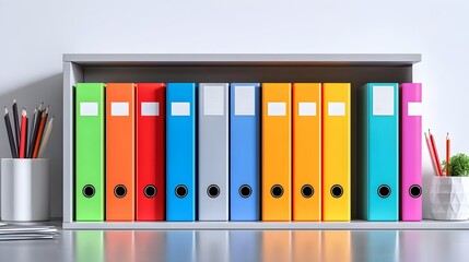 Colorful binders office shelf organization workspace