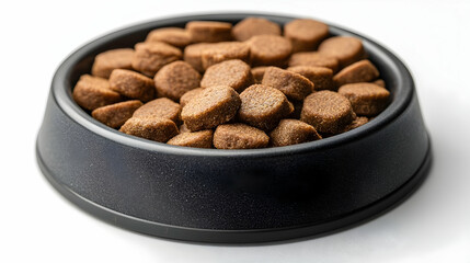Brown pet food kibble in black bowl overhead studio shot