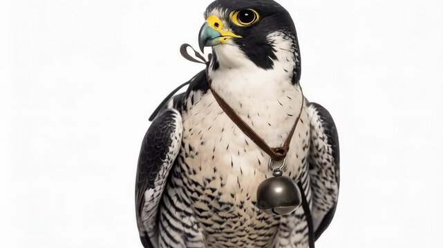 Captive Peregrine Falcon with Brown Leather Jesses and a Traditional Metal Bell, Perched on a Stand Against a Clean White Backdrop