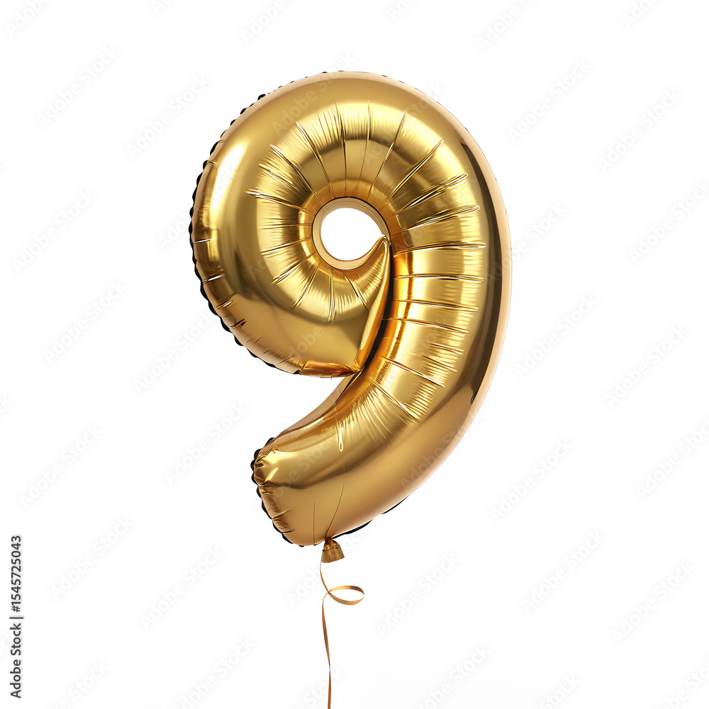 Fototapete a balloon shaped like the number 9 ,gold metallic finish with realistic reflections and smooth textu
