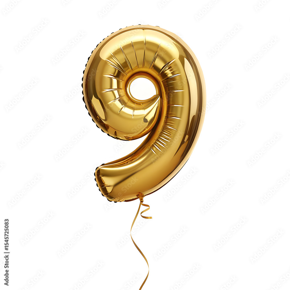Fototapete a balloon shaped like the number 9 ,gold metallic finish with realistic reflections and smooth textu