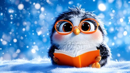 Cute penguin reading book in snowy winter scene