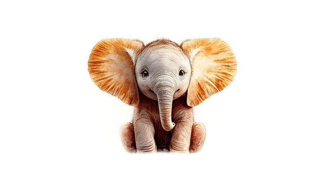 Cute baby elephant sitting, white background, illustration, nursery decor