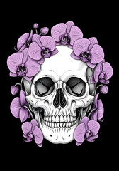 Fototapeta premium Illustration of a Human Skull Surrounded by Orchid Flowers