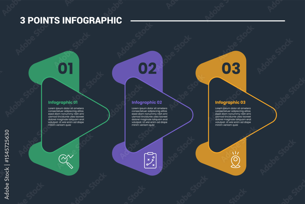 Poster 3 stage infographic process diagram with creative round arrow triangle on right direction with dark 