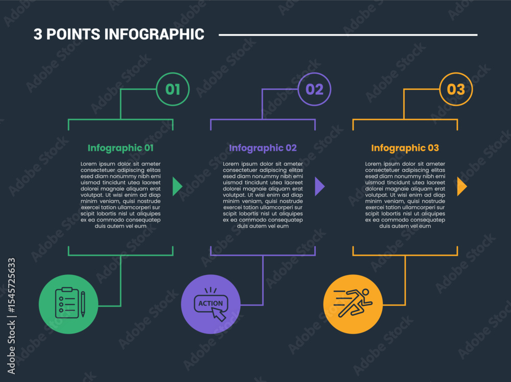 Poster 3 stage infographic process diagram with open cut box with circle on bottom with dark background bri