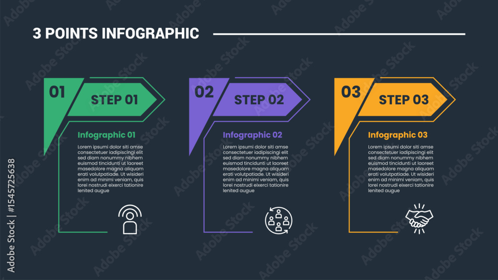 Poster 3 stage infographic process diagram with creative arrow table box with big header with dark backgrou