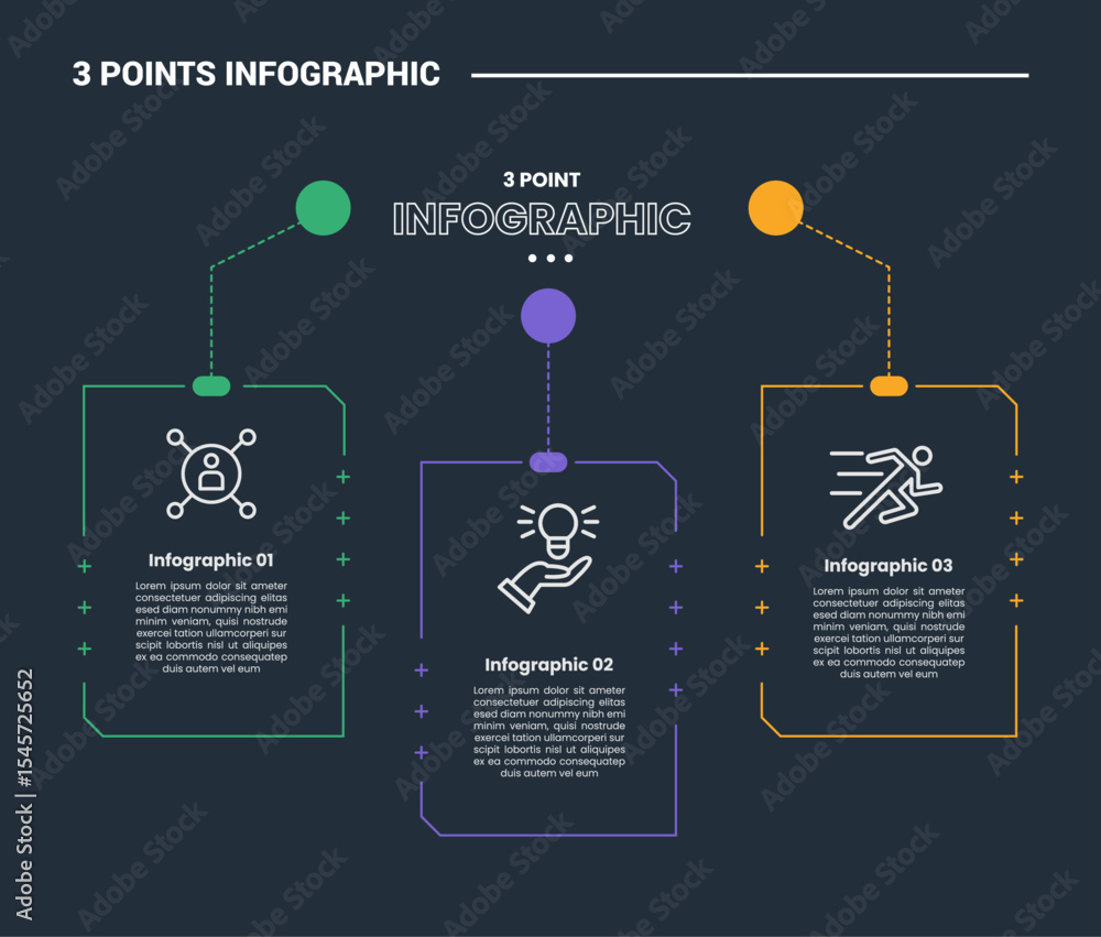 Aufkleber 3 stage infographic process diagram with dotted box with small circle on top with dark background br
