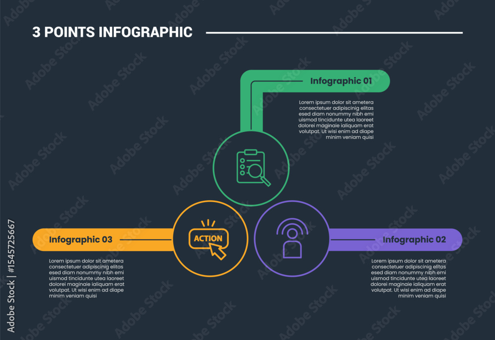 Aufkleber 3 stage infographic process diagram with big outline circle with long round rectangle with dark back