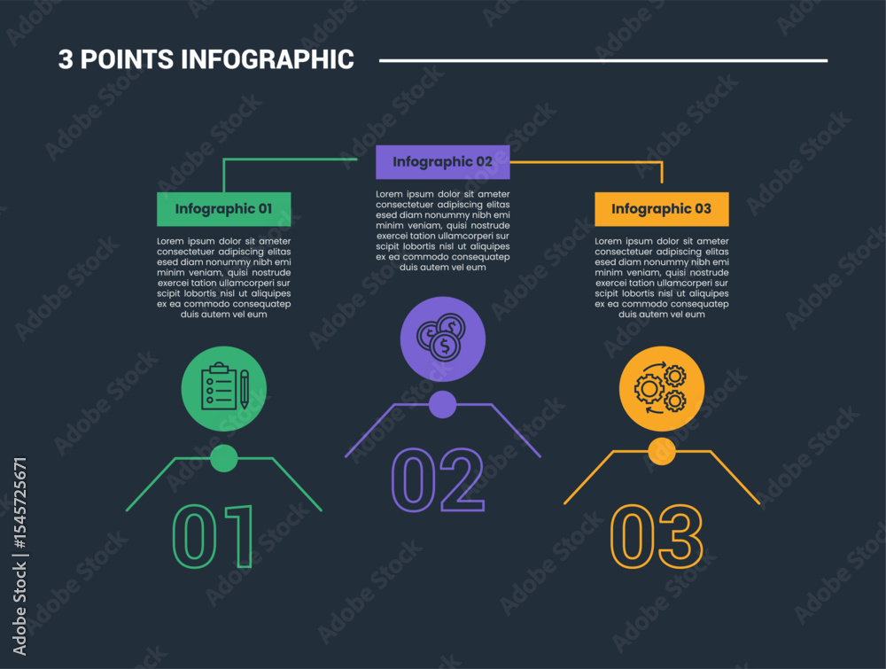 Aufkleber 3 stage infographic process diagram with connected content with small circle linked with dark backgr