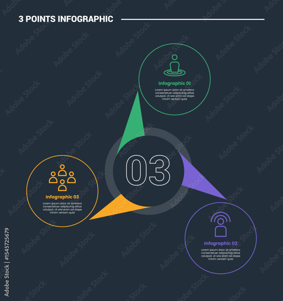 Aufkleber 3 stage infographic process diagram with big circle center and circular content with sharp arrow wit