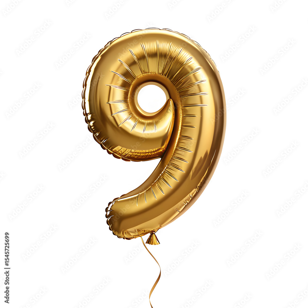 Fototapete a balloon shaped like the number 9 ,gold metallic finish with realistic reflections and smooth textu