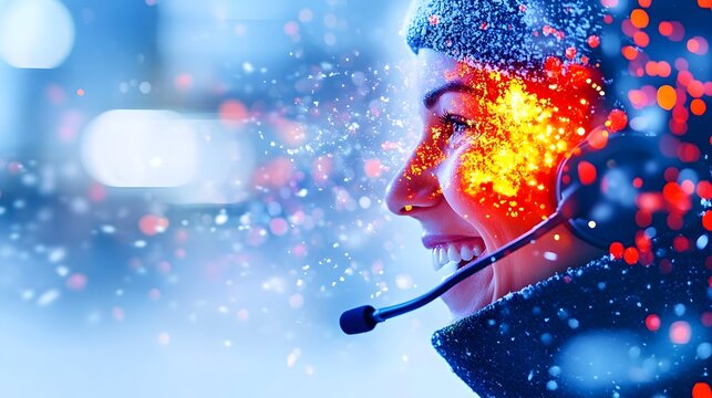 Smiling woman, headset, winter, snow, city, bokeh, support, energy, call center