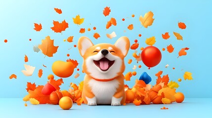 Happy Corgi amidst Autumn Leaves & Balloons
