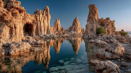 Tufa towers in alkaline lake, microbialite mineral formations 