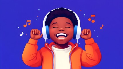 Joyful boy listening music, headphones, blue background, website design