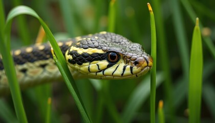 Obraz premium Close-up of a snake in tall grass.