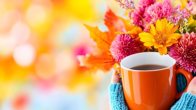 Autumnal flowers, coffee, cozy hands, bokeh background, fall greeting