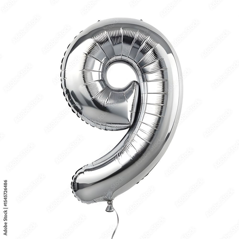 Fototapete a balloon shaped like the number 9 ,silver metallic finish with realistic reflections and smooth tex