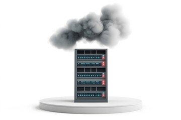 A server rack experiencing technical difficulties with smoke emanating representing system failure on a podium