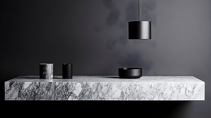 Marble shelf, black decor, pendant light, dark wall, interior design