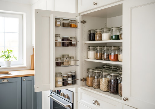 Open white kitchen cabinet revealing neatly organized rows of glass jars filled with grains, spices, and other ingredients, promoting a clean and efficient culinary space
