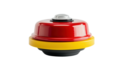 Title: Red Emergency Stop Button on Yellow Safety Base Isolated on White Background