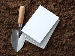 A small trowel rests beside a stack of blank white papers on dark brown soil