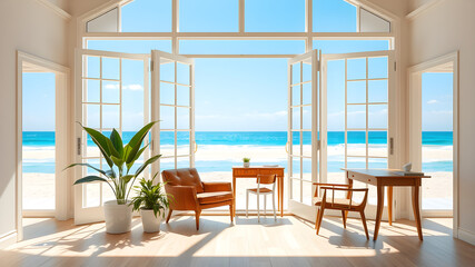Modern Coastal Living Room with Open Windows Overlooking Sunny Beach and Ocean View