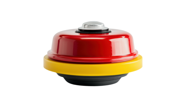 Title: Red Emergency Stop Button on Yellow Safety Base Isolated on White Background