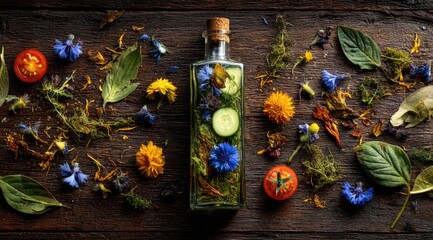 A glass bottle filled with infused oil and herbs sits on a rustic wooden surface, surrounded by scattered herbs and flowers and cherry tomatoes