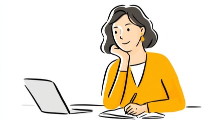 Thoughtful Woman Taking Notes While Looking at Laptop in Bright Yellow Sweater