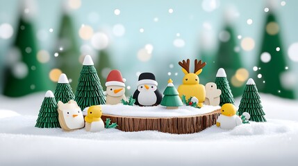 Festive winter animals on wood, snowy forest background, holiday card