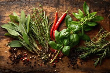 Overhead shot of various fresh herbs and spices arranged on a rustic wooden surface