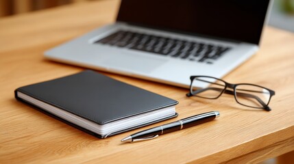 Aesthetic Home Office Setup Featuring Laptop, Notebook, Pen and Glasses on Polished Wooden Desk