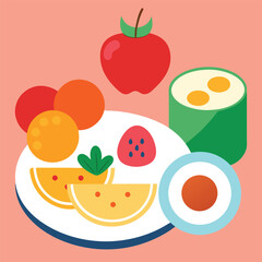 Healthy Brunch with Fruits and Eggs vector illustration of a set of food